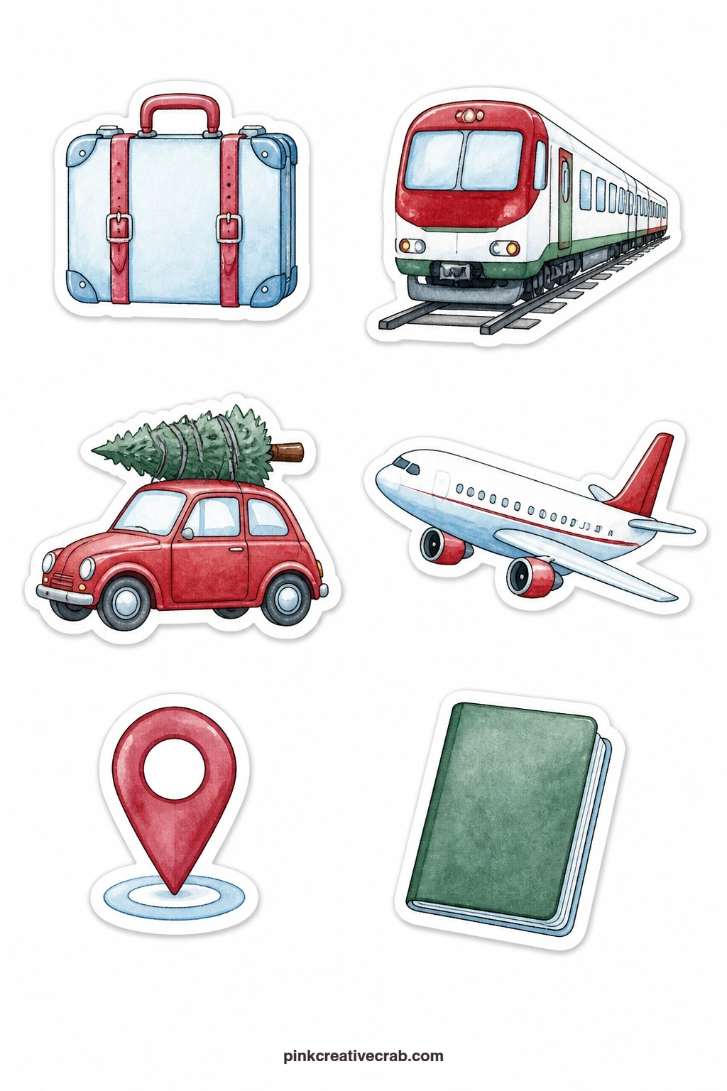 Travel Home Stickers printable page — A suitcase, a train, a car with a tree strapped on top, a plane, a map pin and a passport with a blank cover mark the