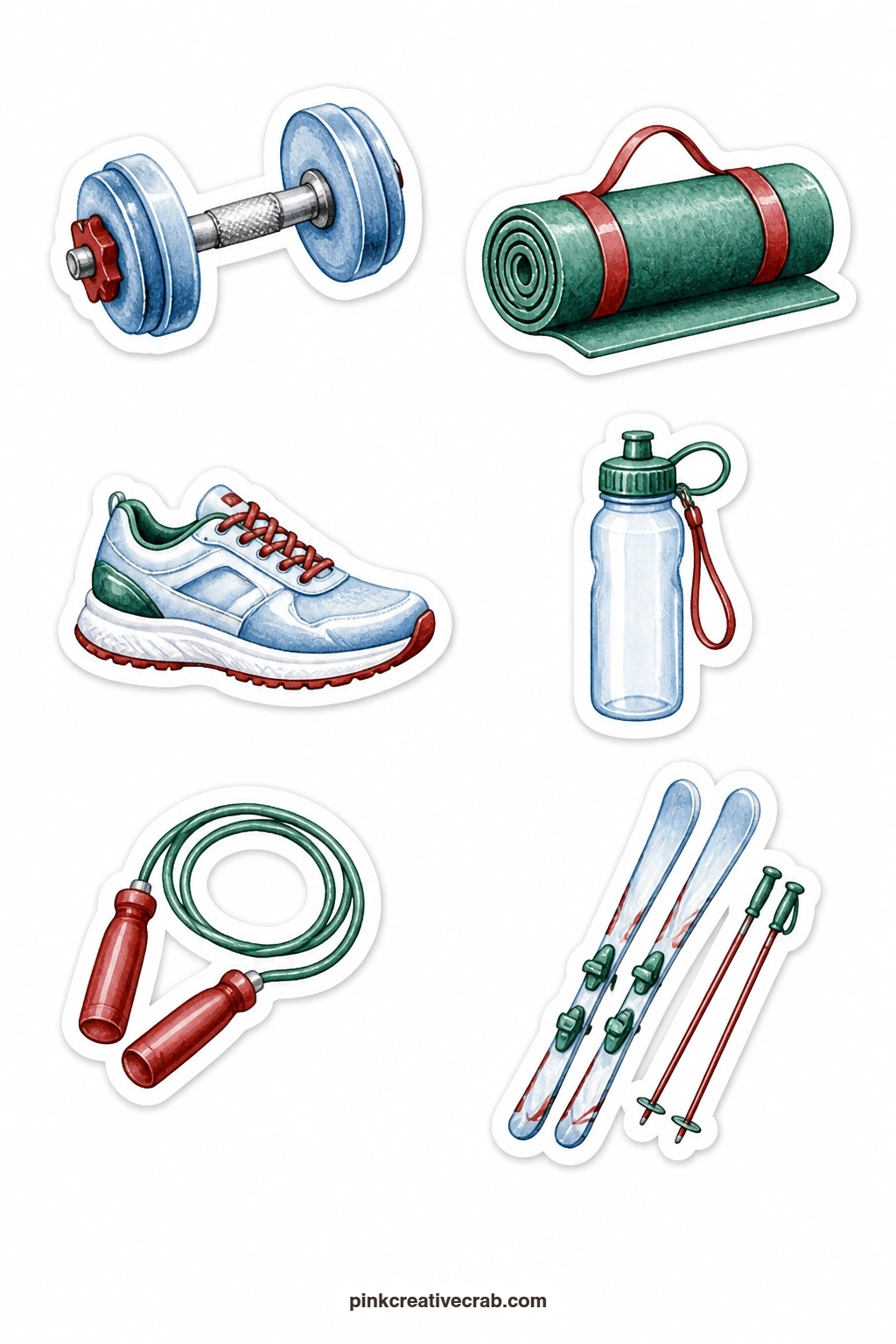 Winter Workout Stickers printable page — A dumbbell, a yoga mat, a sneaker, a water bottle, a jump rope and a ski keep a little room on the page for movement