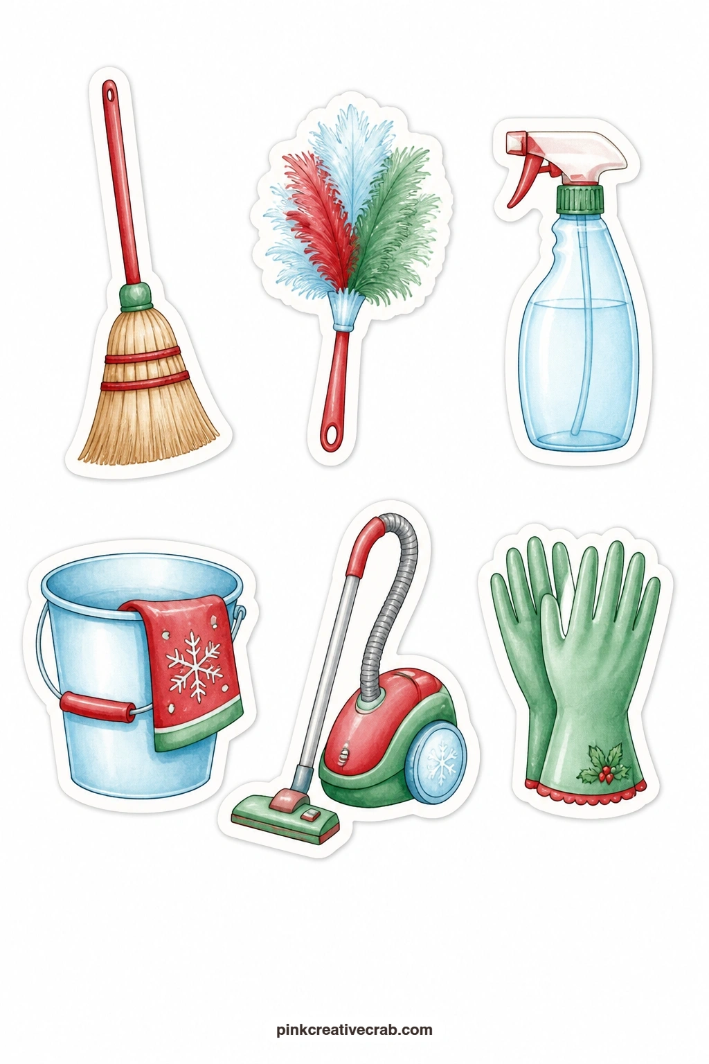 Cleaning Day Stickers printable page — A broom, a duster, a spray bottle, a bucket, a vacuum and rubber gloves mark the deep clean before guests arrive, one
