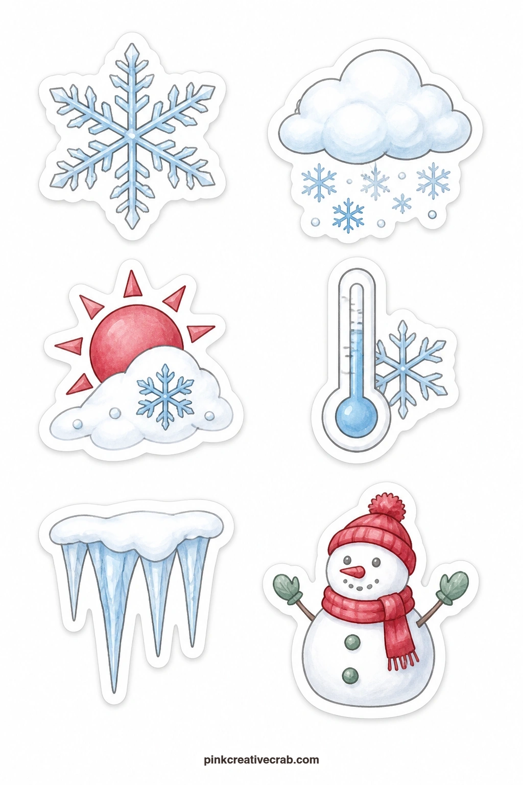 Weather Icons printable page — Track the forecast with a snowflake, a snow cloud, a sun with snow, a thermometer, an icicle and a snowman, and tuck this small
