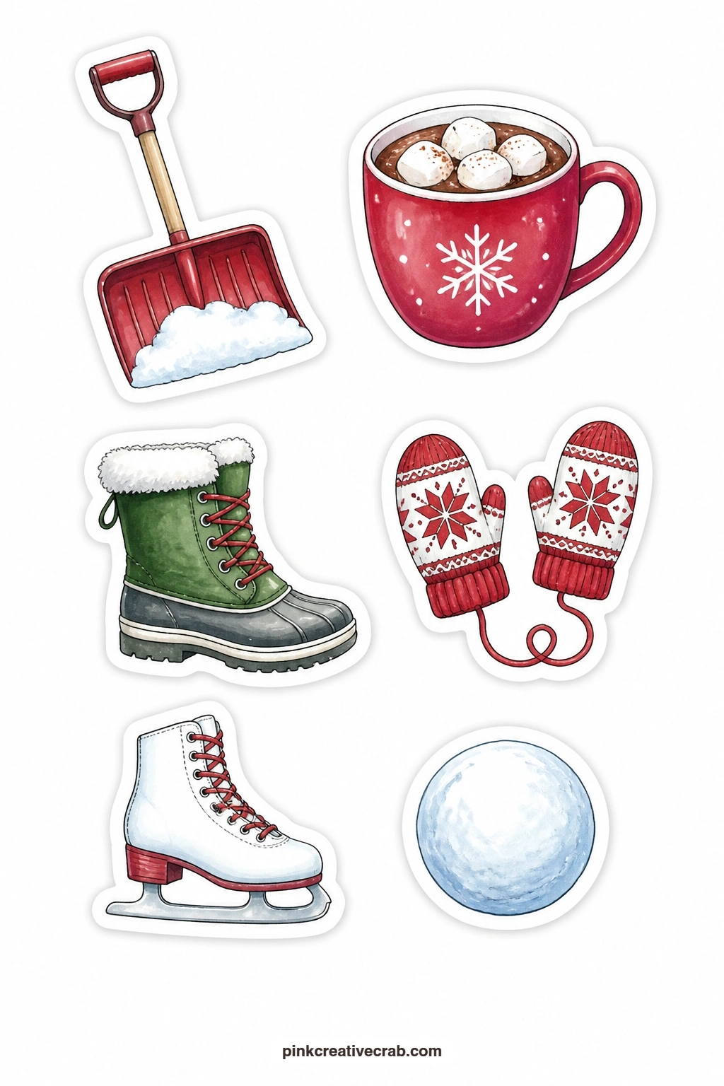 Snow Day Plans Stickers printable page — A shovel, a hot cocoa mug, a snow boot, a pair of mittens, a pair of ice skates and a snowball cover the kind of day
