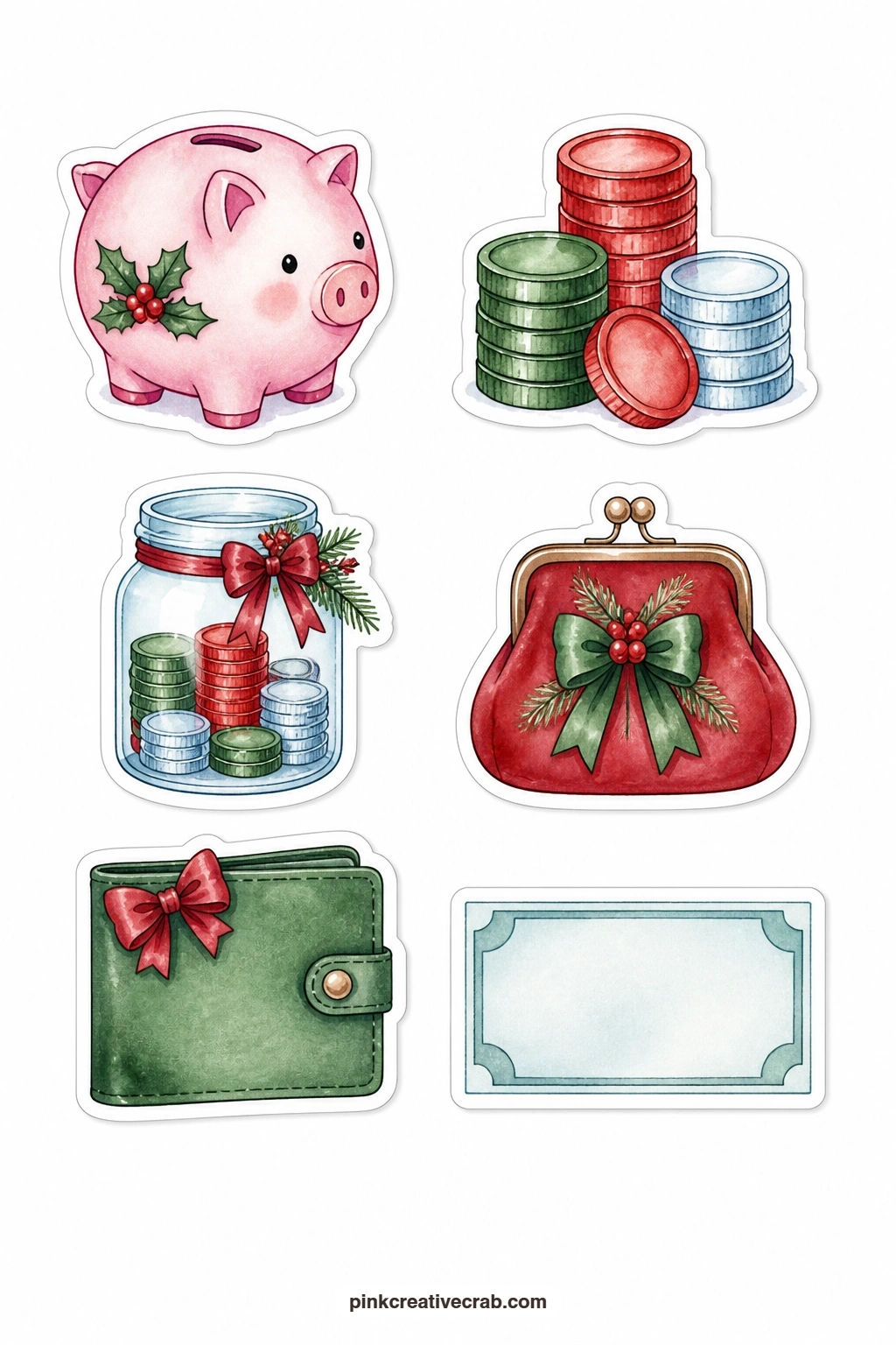 Holiday Budget Stickers printable page — A piggy bank, a coin stack, a jar of coins, a purse, a wallet with a bow and a blank dollar bill help you track