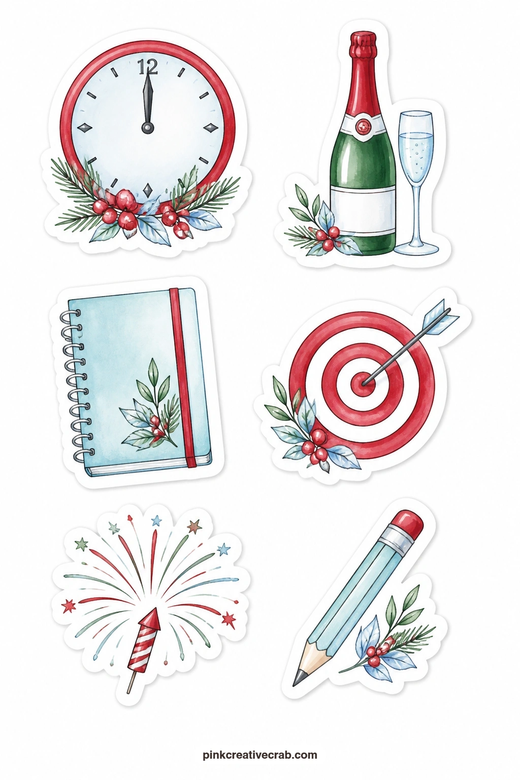 New Year Planning Stickers printable page — A clock at midnight, a champagne bottle, a fresh notebook, a target, a firework and a pencil carry the planner past