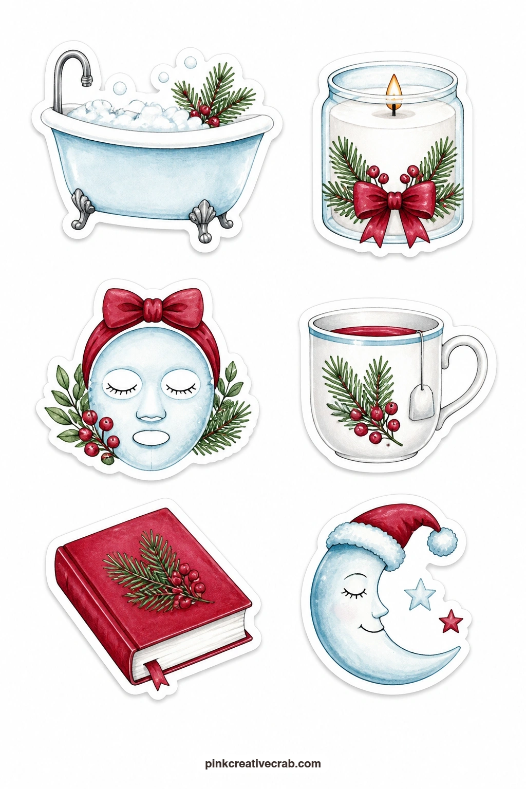 Self Care Stickers printable page — A bath tub, a candle, a face mask, a cup of tea, a book and a sleeping moon mark the evenings you protect on purpose, and