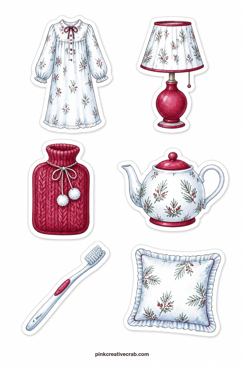 Evening Routine Stickers printable page — A nightgown, a lamp, a hot water bottle, a teapot, a toothbrush and a pillow sketch out a wind down routine one icon