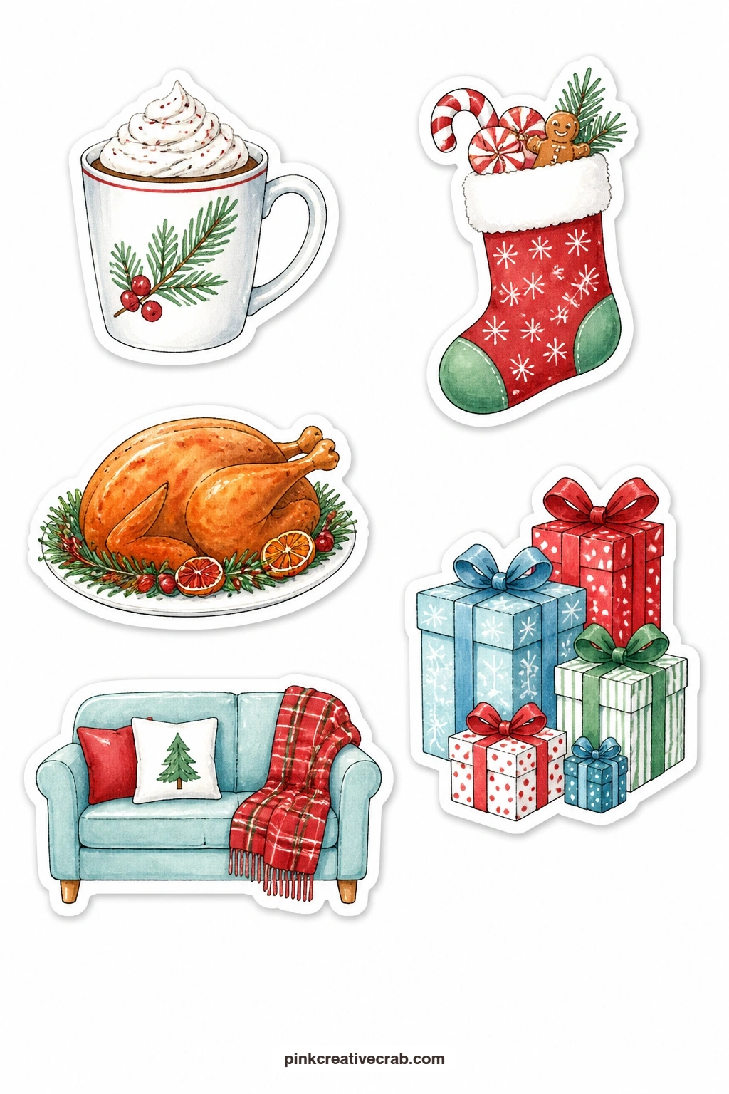 Christmas Day Schedule Stickers printable page — A coffee cup, a stocking with candy, a roast, a gift pile and a sofa walk through the day itself from first