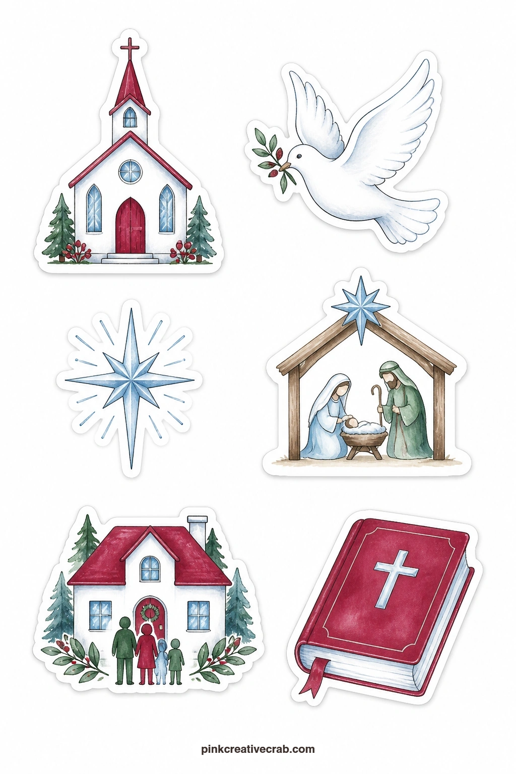 Church And Family Stickers printable page — A church, a dove, a nativity star, a family house and a hymn book mark the quieter traditions of the season, the
