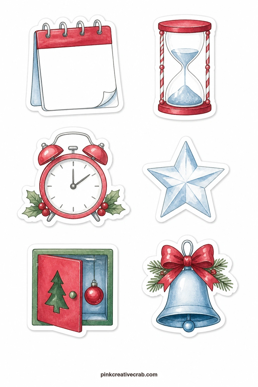 Countdown Stickers printable page — A calendar page with no numbers, an hourglass, an alarm clock, a star, an advent door and a bell give you a flexible