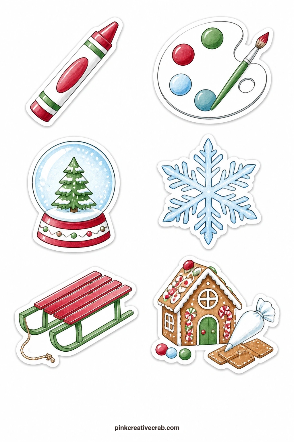 Kids Activities Stickers printable page — A crayon, a paint palette, a snow globe, a paper snowflake, a sled and a gingerbread kit cover the craft table and