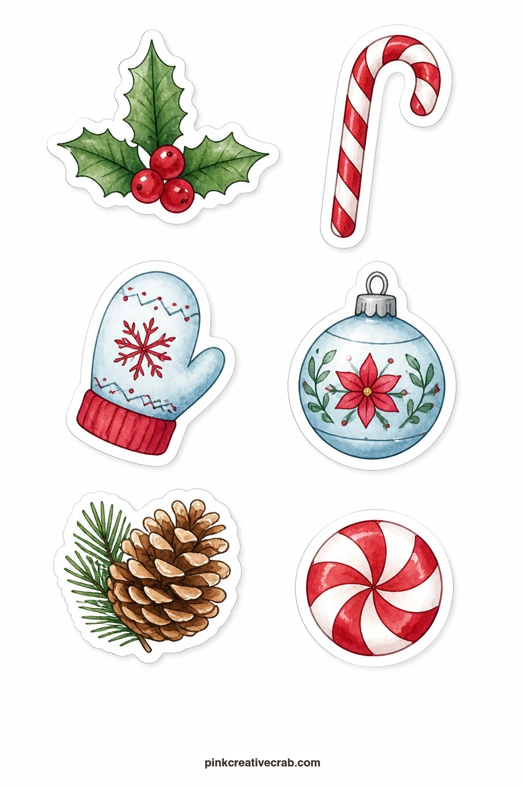 Small Fillers Stickers printable page — A holly sprig, a candy cane, a mitten, a bauble, a pinecone and a peppermint round out the set, small enough to tuck