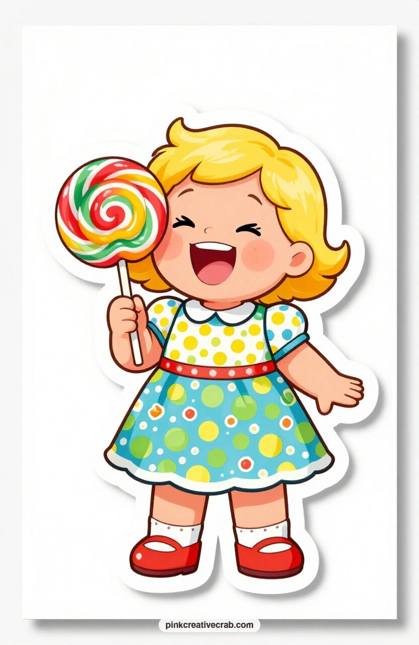 The Giant Lollipop Girl printable page — Blonde curls bounce as she giggles over a swirl lollipop nearly as big as her head, which makes a sweet card front for