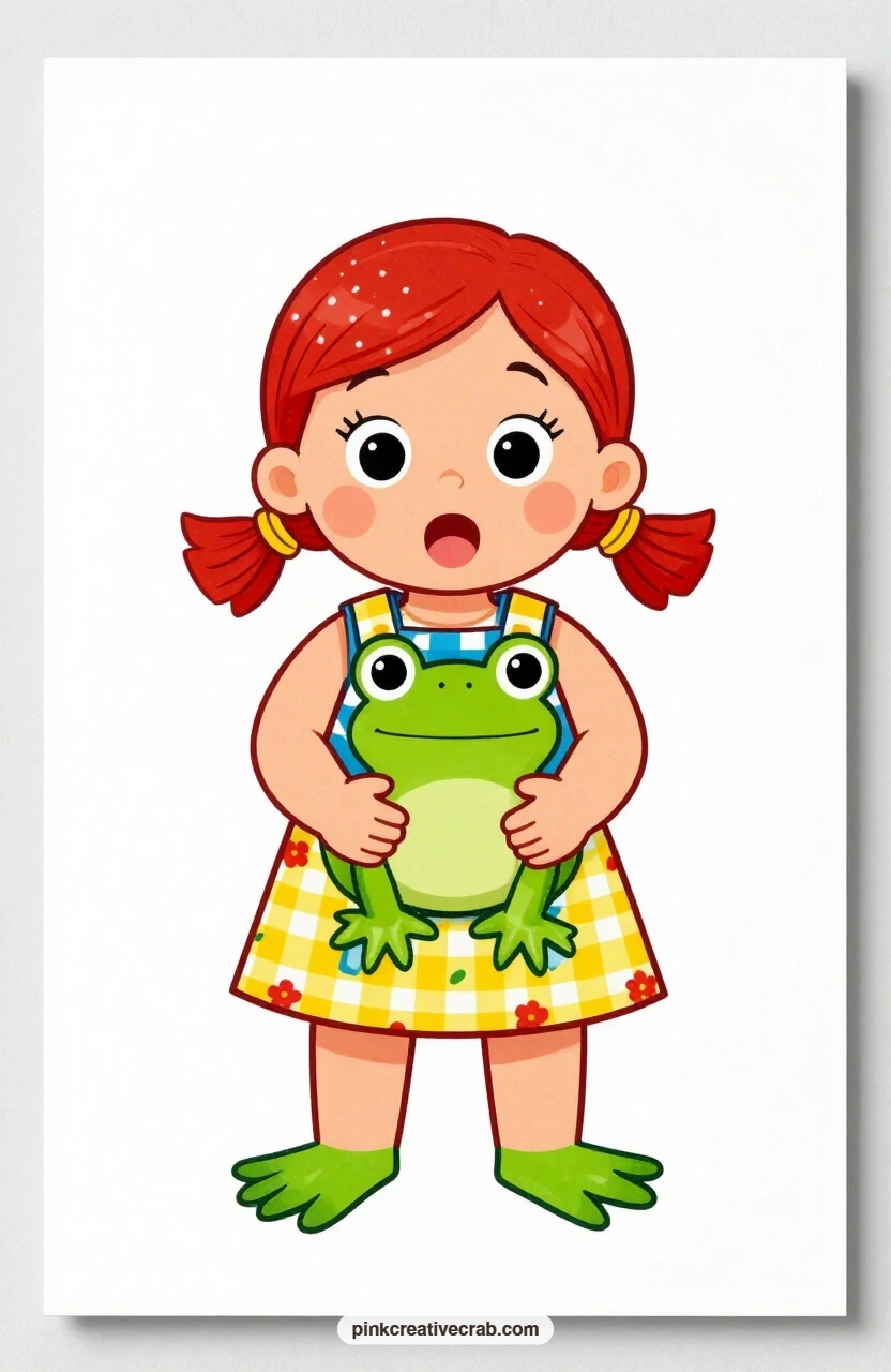 The Frog in Both Hands printable page — Pigtails flying and eyes wide with wonder, this little girl holds a frog in both cupped hands like she has just