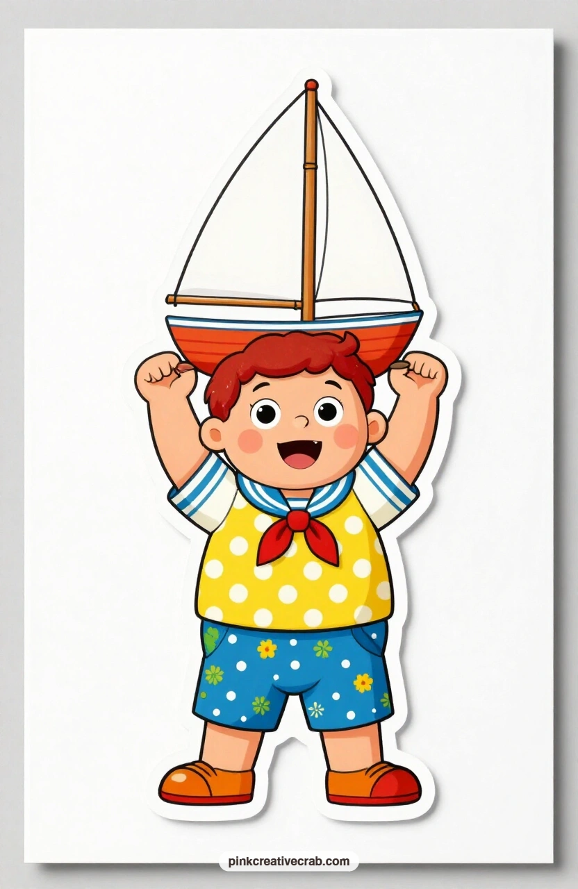 The Sailboat Sailor printable page — Chest puffed and chin high, a small boy in a sailor suit holds his toy sailboat straight up over his head as if it has