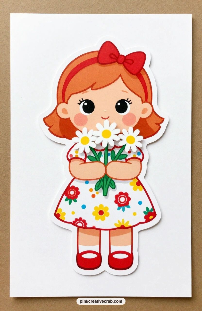 The Shy Daisy Girl printable page — Blushing pink cheeks peek out from behind a bunch of daisies held up like a tiny shield, perfect for a card that needs a