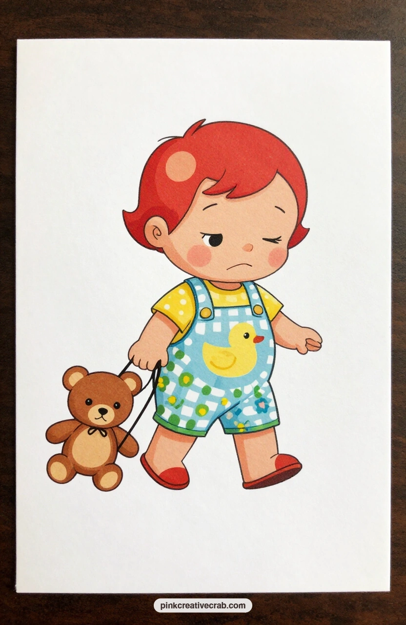 The Sleepy Toddler printable page — Heavy eyelids and a slow shuffle tell the whole story here, a toddler in a duck print romper dragging a worn teddy bear by