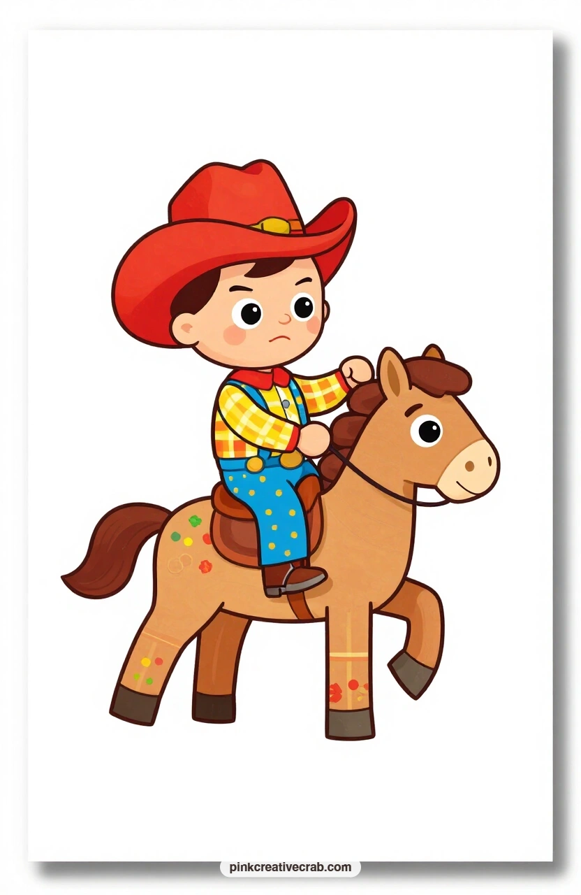 The Stick Horse Cowboy printable page — Determination sets his jaw as he rides his stick horse at full gallop, hat pulled low, checked shirt flapping, off on