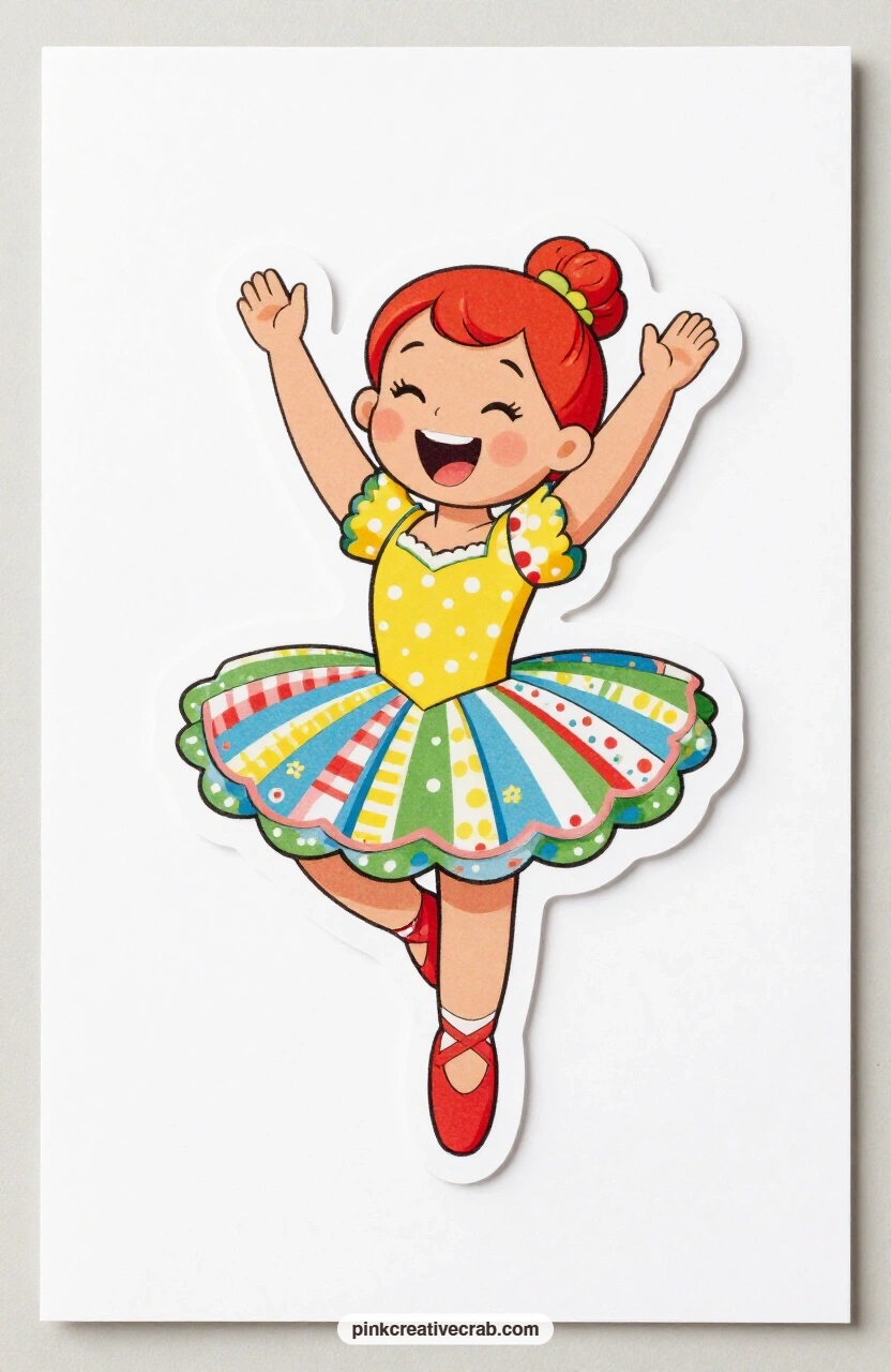 The Spinning Ballerina printable page — Up on tiptoe in her tutu, laughing with her head tipped back, she makes a lively centerpiece for a birthday card aimed