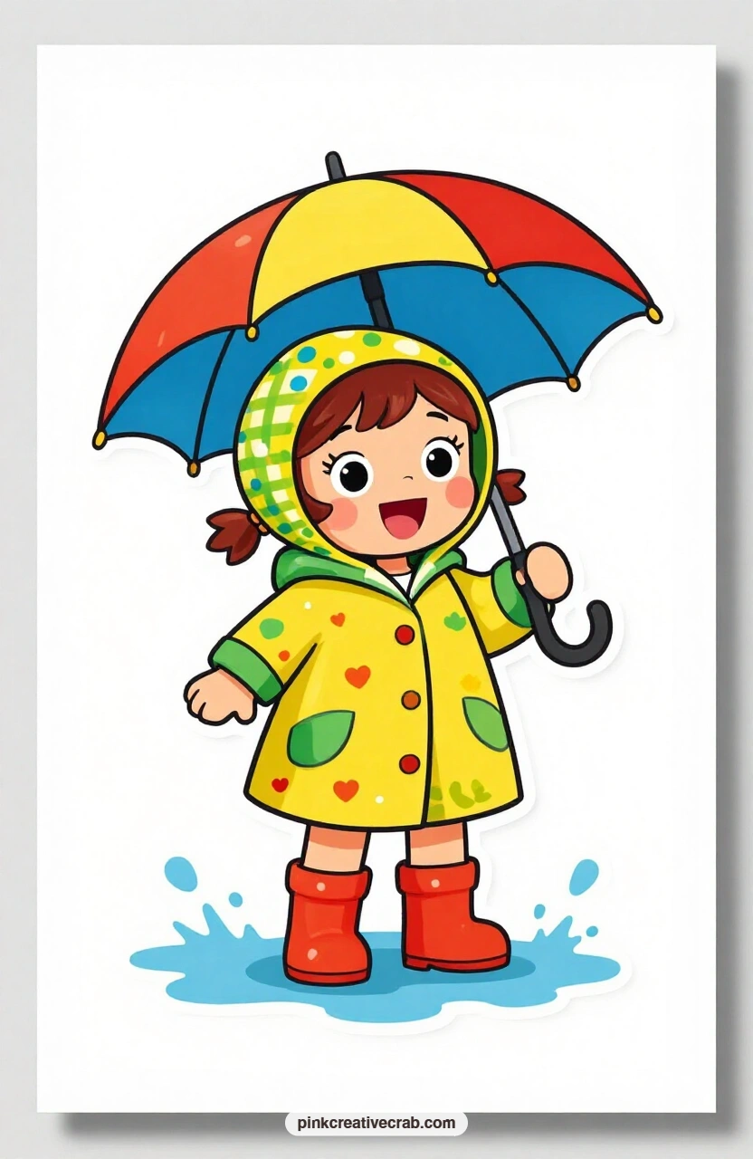 The Puddle Splash Girl printable page — Delight spreads across her face as she stomps into a puddle with her open umbrella tipped back, boots covered in little