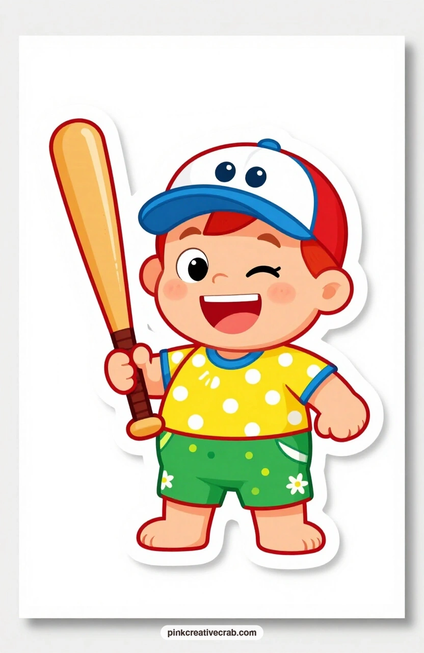 The Big Bat Grin printable page — A baseball cap sits slightly crooked on a boy grinning ear to ear while holding a bat nearly twice his own height, ready for