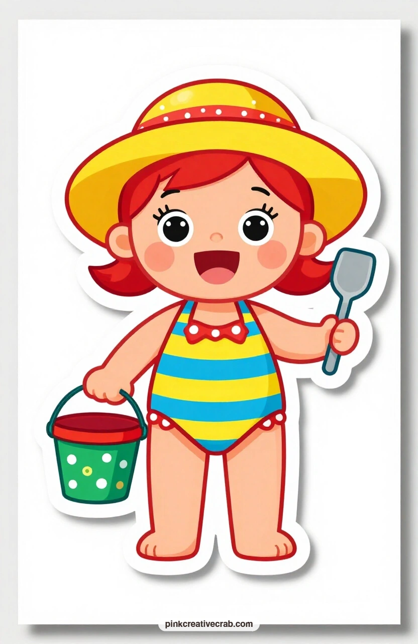 The Beach Bucket Girl printable page — Excitement lights up her face under a wide sun hat as she holds her bucket and spade, ready to run for the shoreline, a