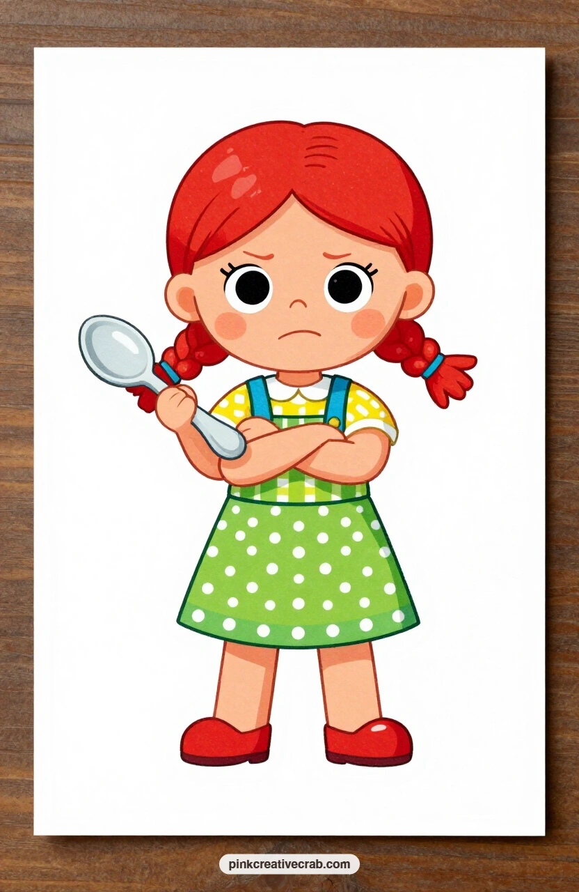 The Grumpy Medicine Spoon printable page — Red braids swing as she holds a spoonful of medicine at arm's length with a grumpy scowl, the perfect bit of humor