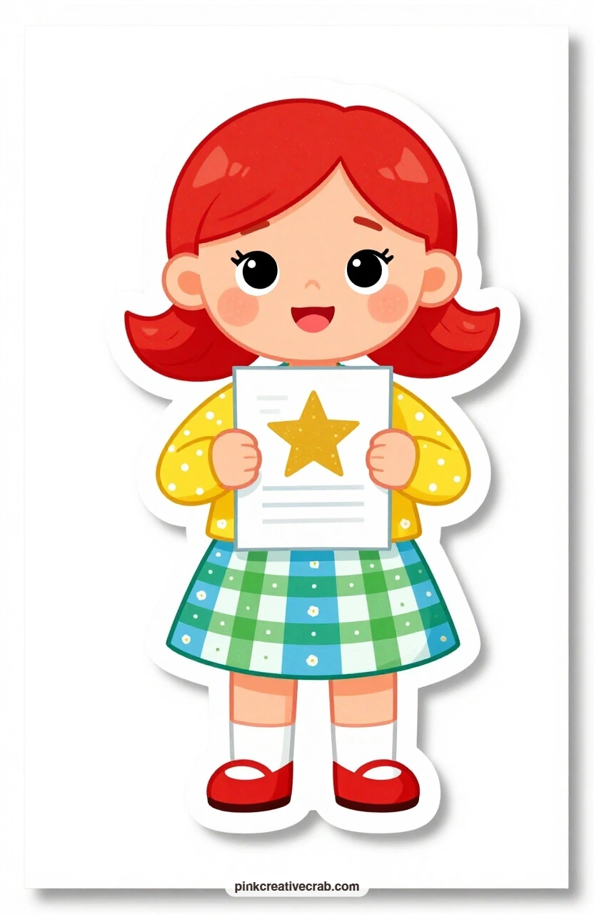 The Gold Star Paper printable page — A cardigan and plaid skirt frame a proud little smile as she holds up a school paper stamped with a gold star, ready for a