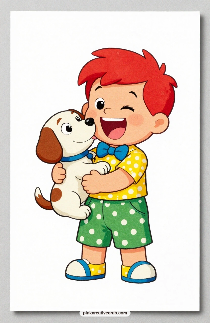 The Puppy Kiss Boy printable page — A boy in short pants and a neat bow tie dissolves into giggles as his puppy licks his whole face at once, arms still trying