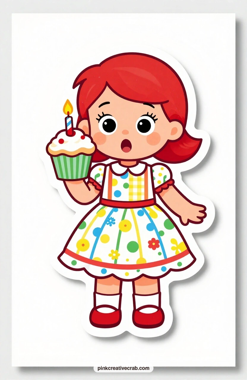 The Birthday Cupcake Girl printable page — Eyes wide with wonder, she holds a birthday cupcake topped with one lit candle, her frilly party dress puffed out