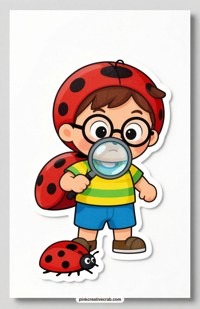The Ladybug Magnifier printable page — Round glasses magnify his curious stare as he bends a magnifying glass low over a ladybug, a sweet choice for a