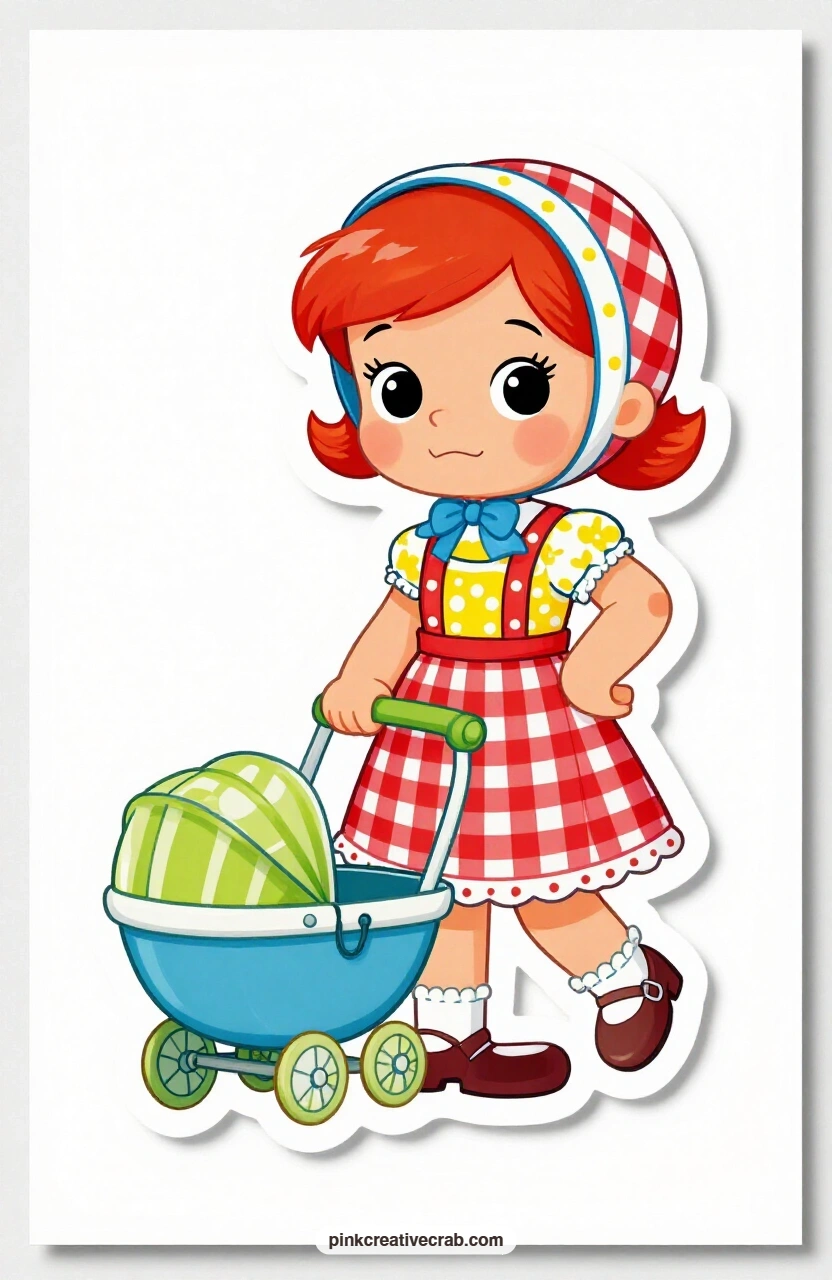 The Sassy Pram Pusher printable page — A bonnet sits at a jaunty angle as she pushes her doll pram with one hand on her hip and a sassy little smirk, full of