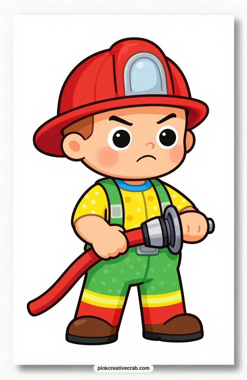 The Brave Little Fireman printable page — Chest out and chin lifted under an oversized toy fireman's helmet, he grips a toy hose like he is about to save the