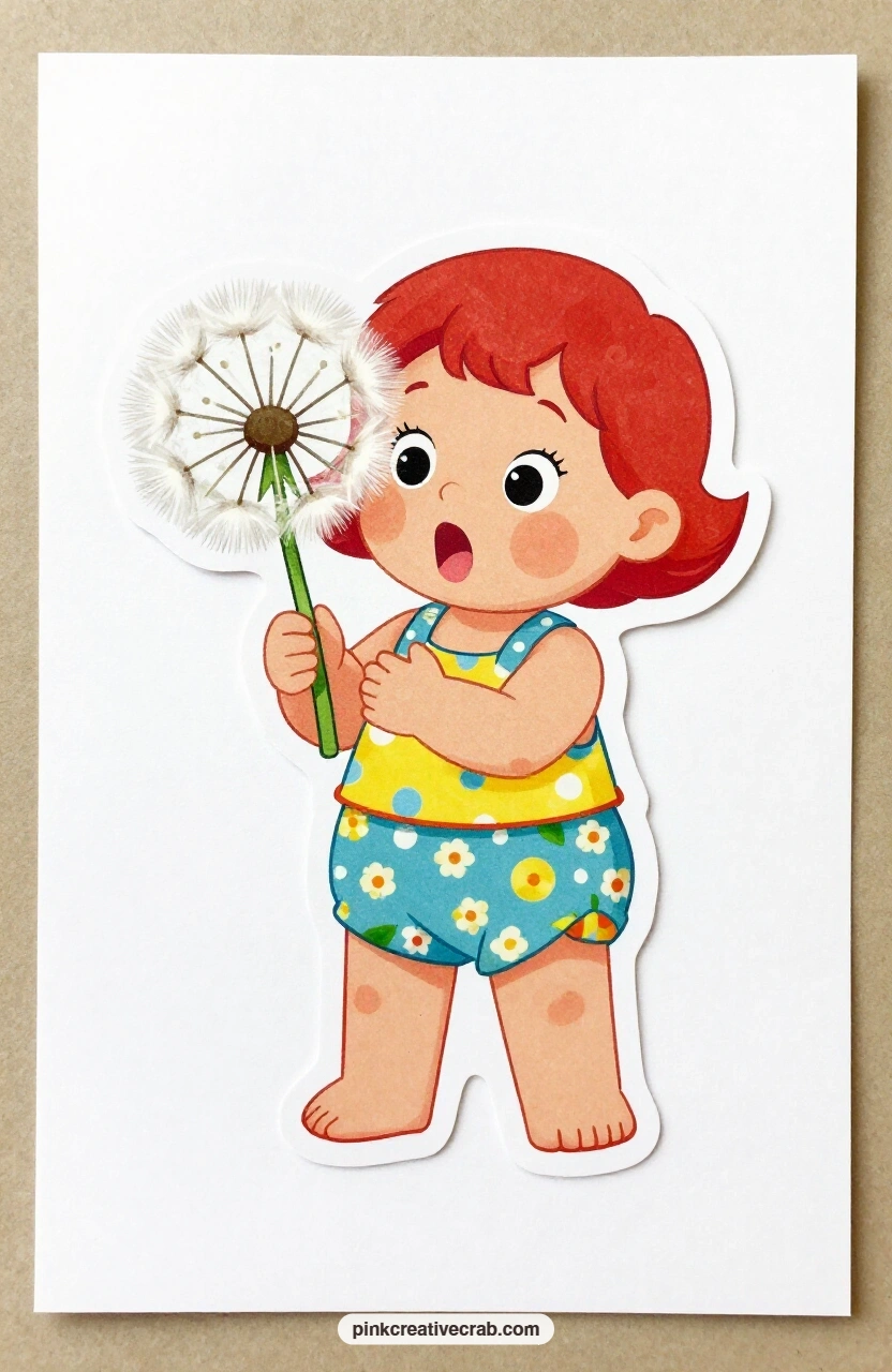 The Dandelion Wonder printable page — A toddler girl in a sunsuit stares in open amazement at a dandelion puff nearly as big as her own head, caught in the