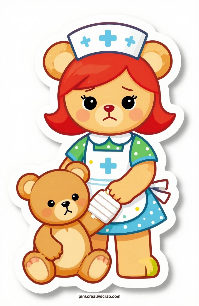 The Teddy Bear Nurse printable page — Serious concentration sets her brow as she carefully bandages a teddy bear's paw, nurse's cap pinned neatly in place, a
