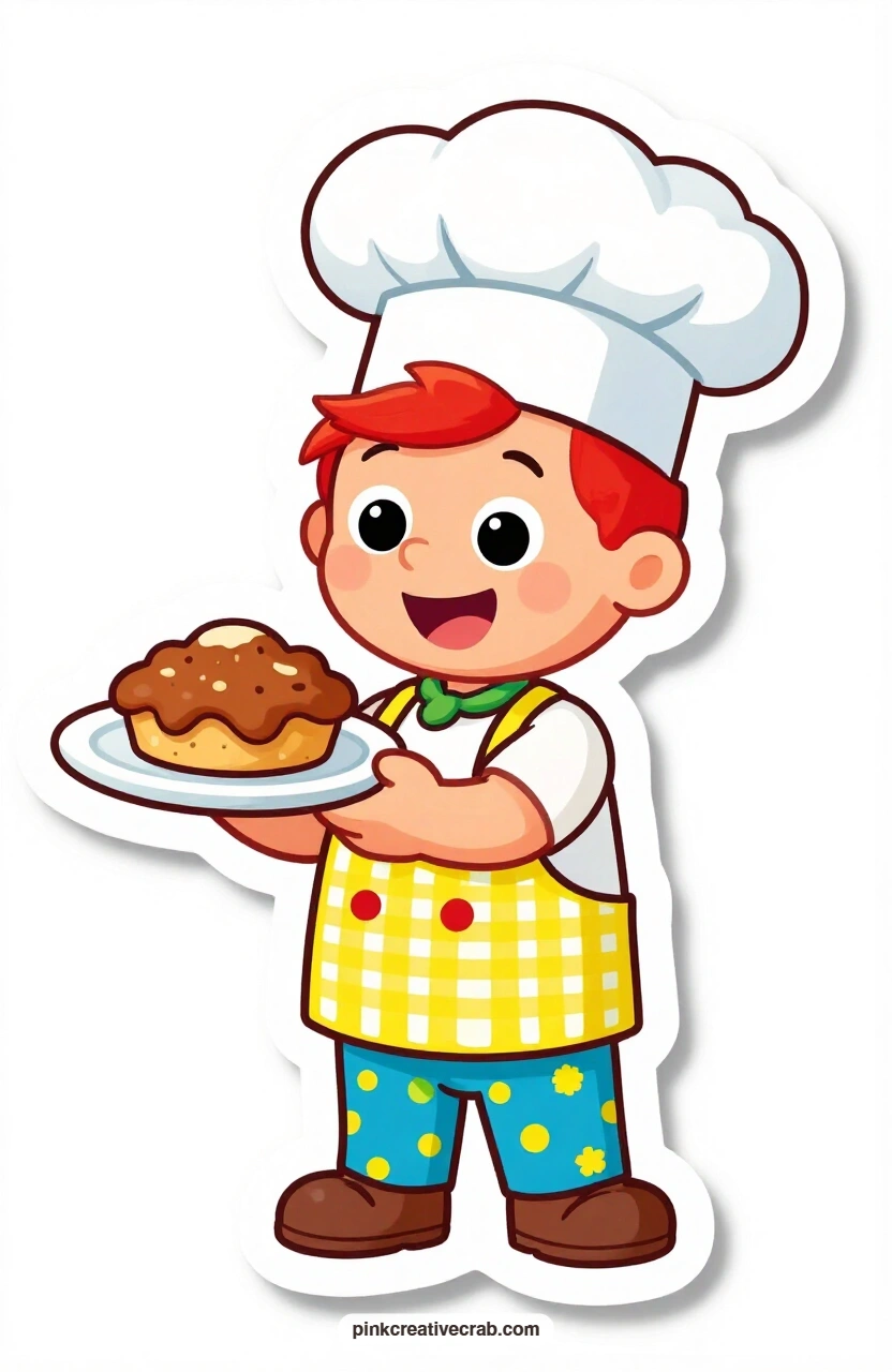 The Mud Pie Chef printable page — A paper chef's hat tips to one side as he holds up a thoroughly messy mud pie on a plate, bursting with pride over his very