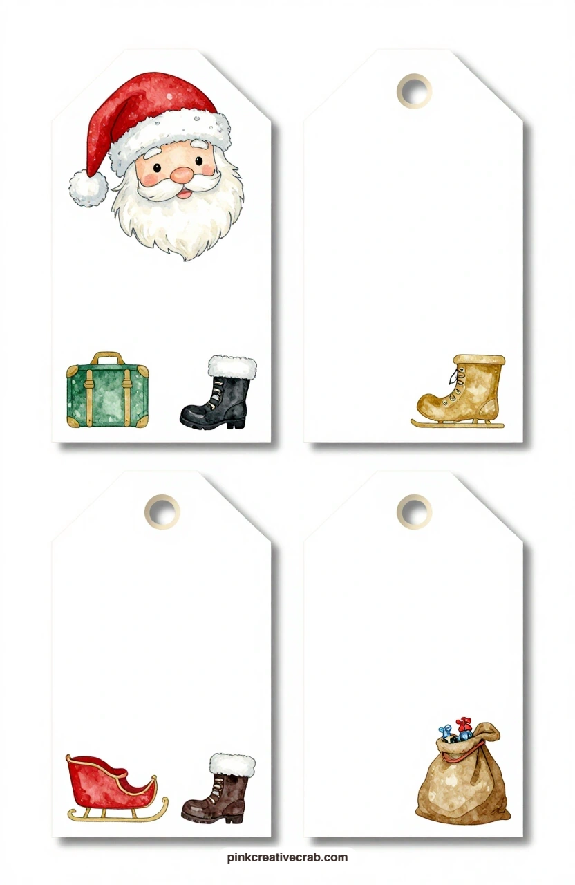 Santa's Hat and Boots printable page — Give the scalloped tag with Santa's red hat to the gift you want opened first, and save the luggage tag with his black