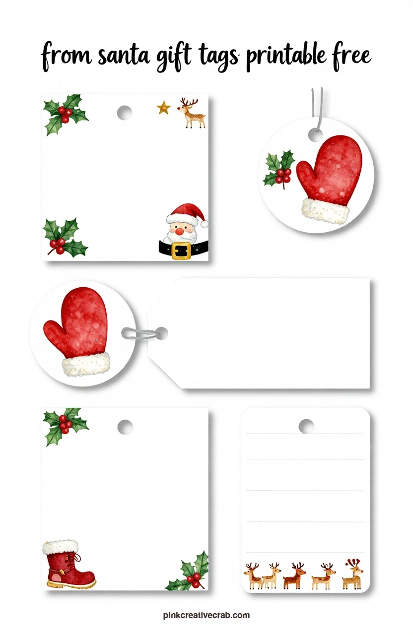 Belt, Mitten and Holly printable page — If you keep a Christmas card doodles page nearby, the square tag with Santa's black belt and gold buckle and the round