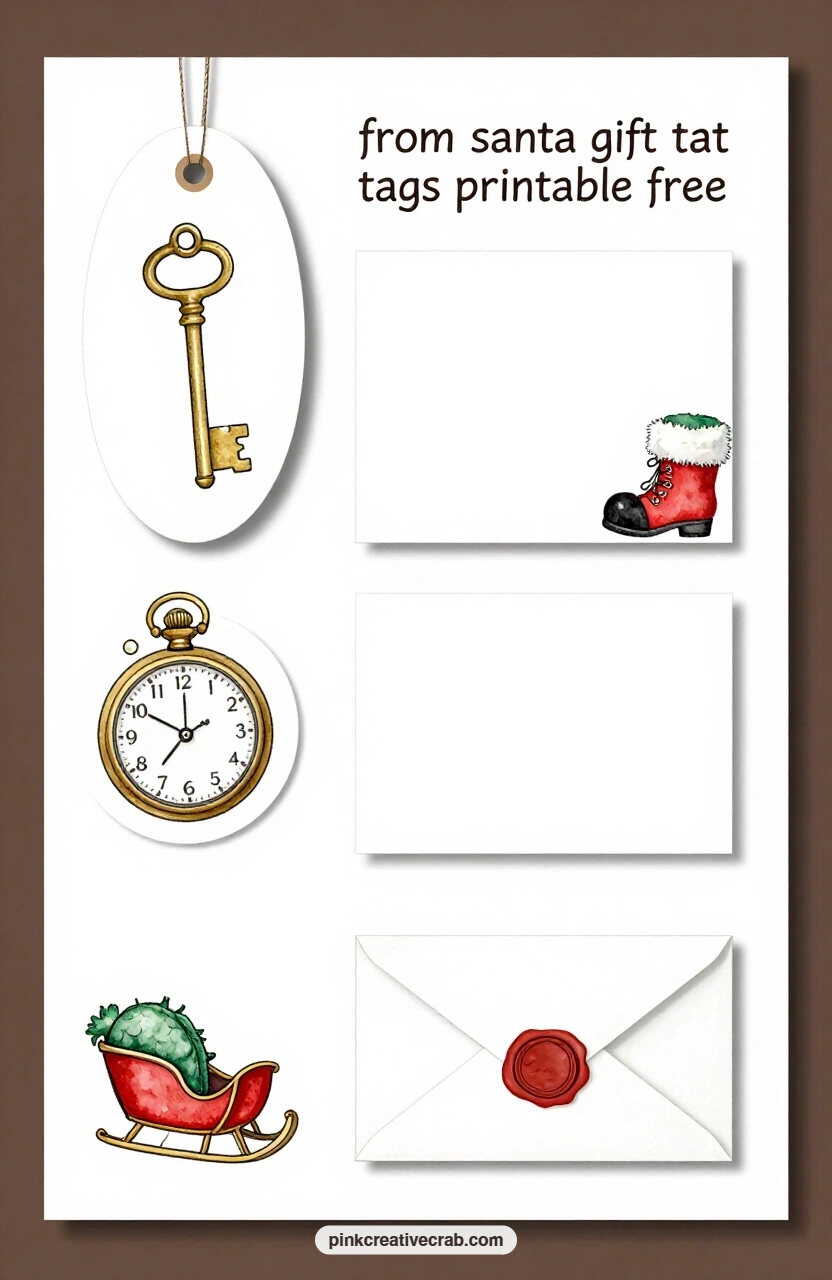 Keys and Sealed Letters printable page — Print the oval tag with the vintage skeleton key and the round tag with the pocket watch on sticker paper for gifts