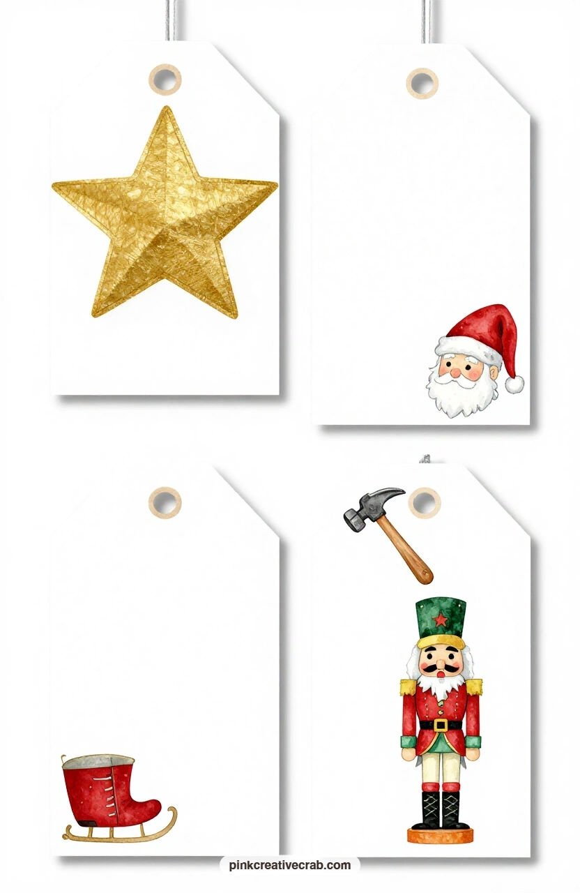 Elf Workshop Tools printable page — The star-shaped tag with a gold star, the luggage tag with an elf hat, the round tag with a little workshop hammer and the