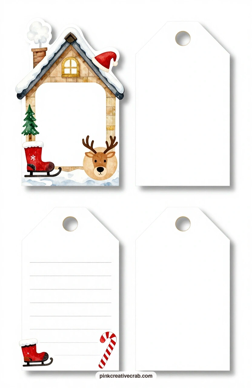 Rooftop and Reindeer Face printable page — The house-shaped tag with a snowy rooftop and chimney smoke sits well on a bigger box, while the round tag with a