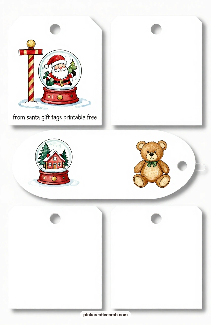 North Pole Keepsakes printable page — The ticket label with the striped North Pole post and the round tag with a snow globe of Santa's cottage work as a pair