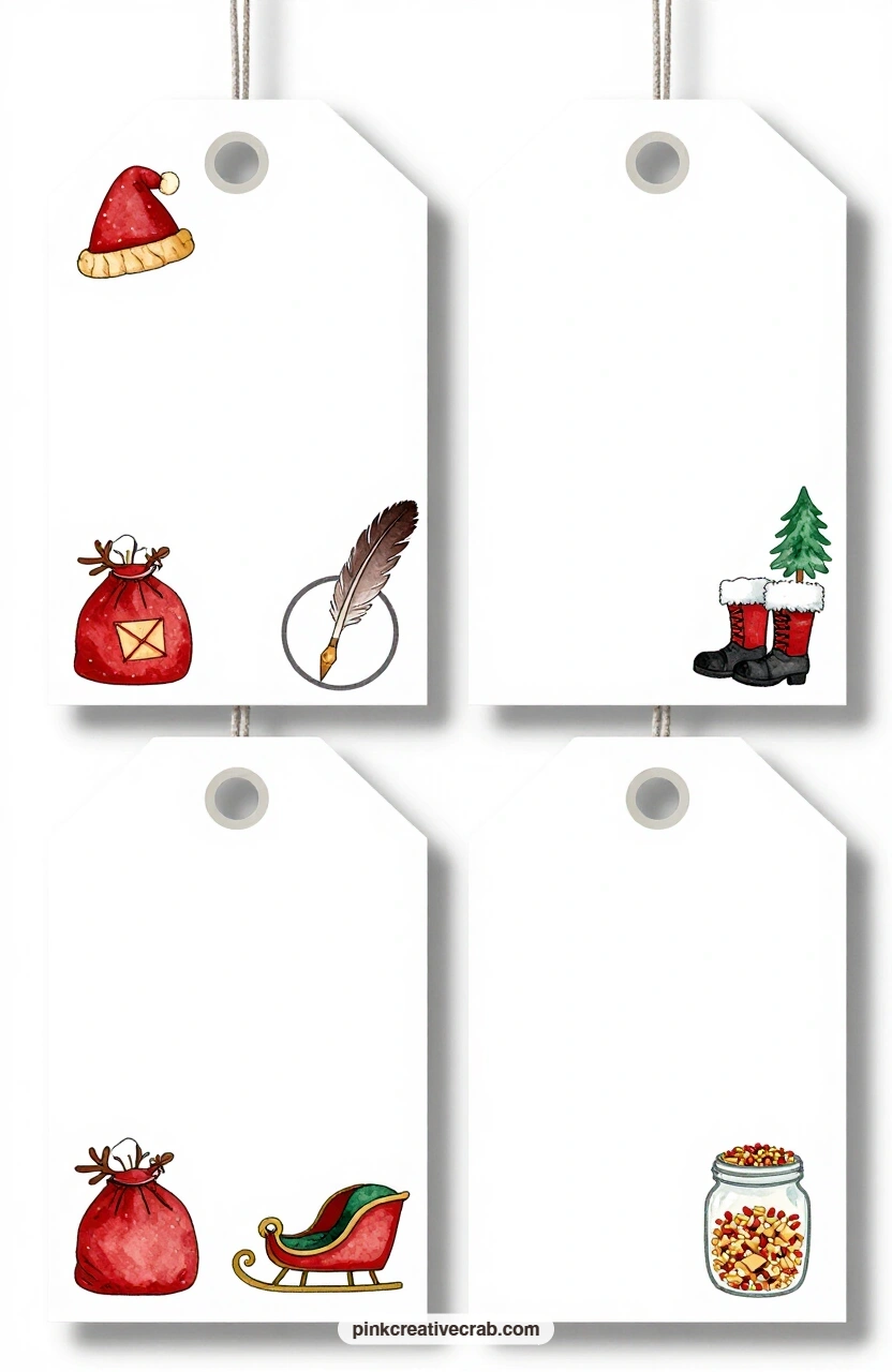 Letters and Reindeer Food printable page — The luggage tag with a red mailbag of letters and the round tag with a quill pen fit beautifully onto a gift that