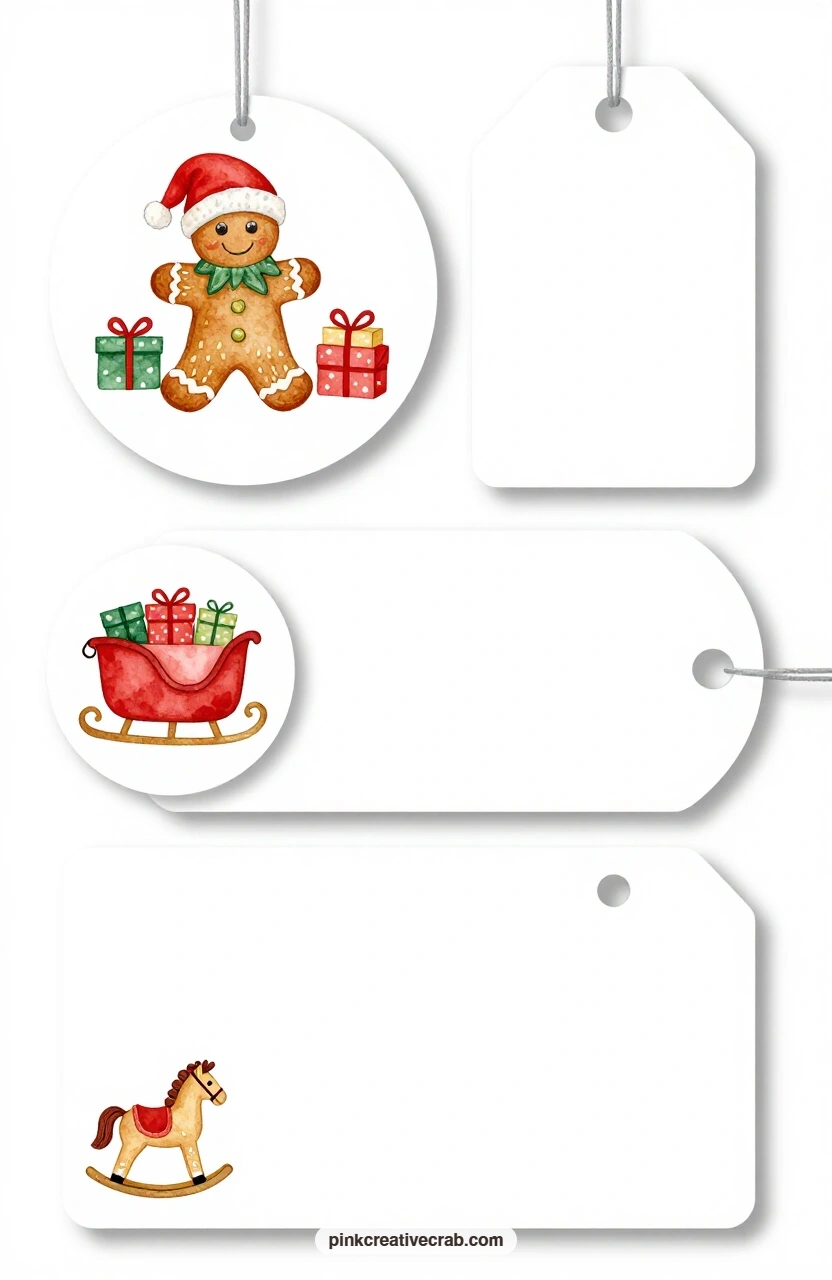 Gingerbread and Parcels printable page — The circle label with a gingerbread elf suits a baking gift, and the luggage tag with a stack of wrapped parcels works