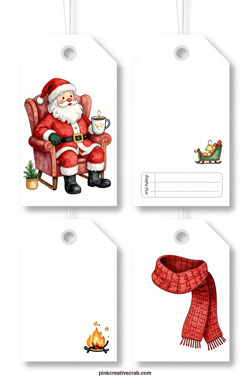 Fireside and Cocoa printable page — The scalloped tag with Santa's armchair by the fire, the round tag with a mug of cocoa, the ticket label with a reading