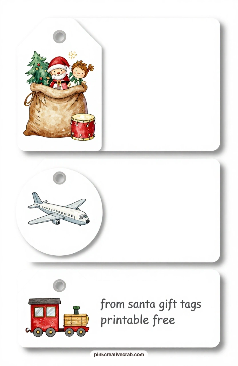 Dolls, Drums and Trains printable page — Send the luggage tag with a sack bursting with dolls and drums, the round tag with a toy airplane and the bracket