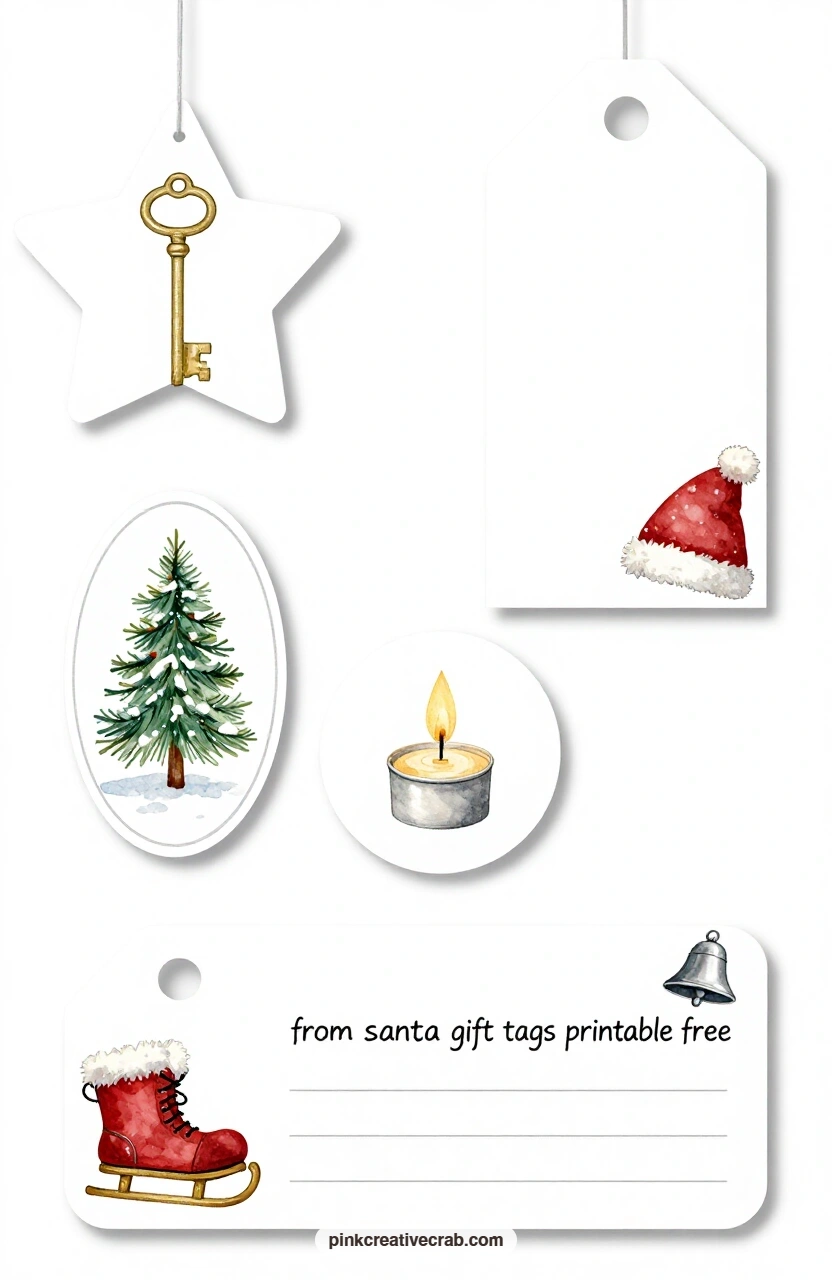 Magic Key and Candlelight printable page — The star-shaped tag with a magic key, the oval tag with a snowy pine, the round tag with a lit candle and the