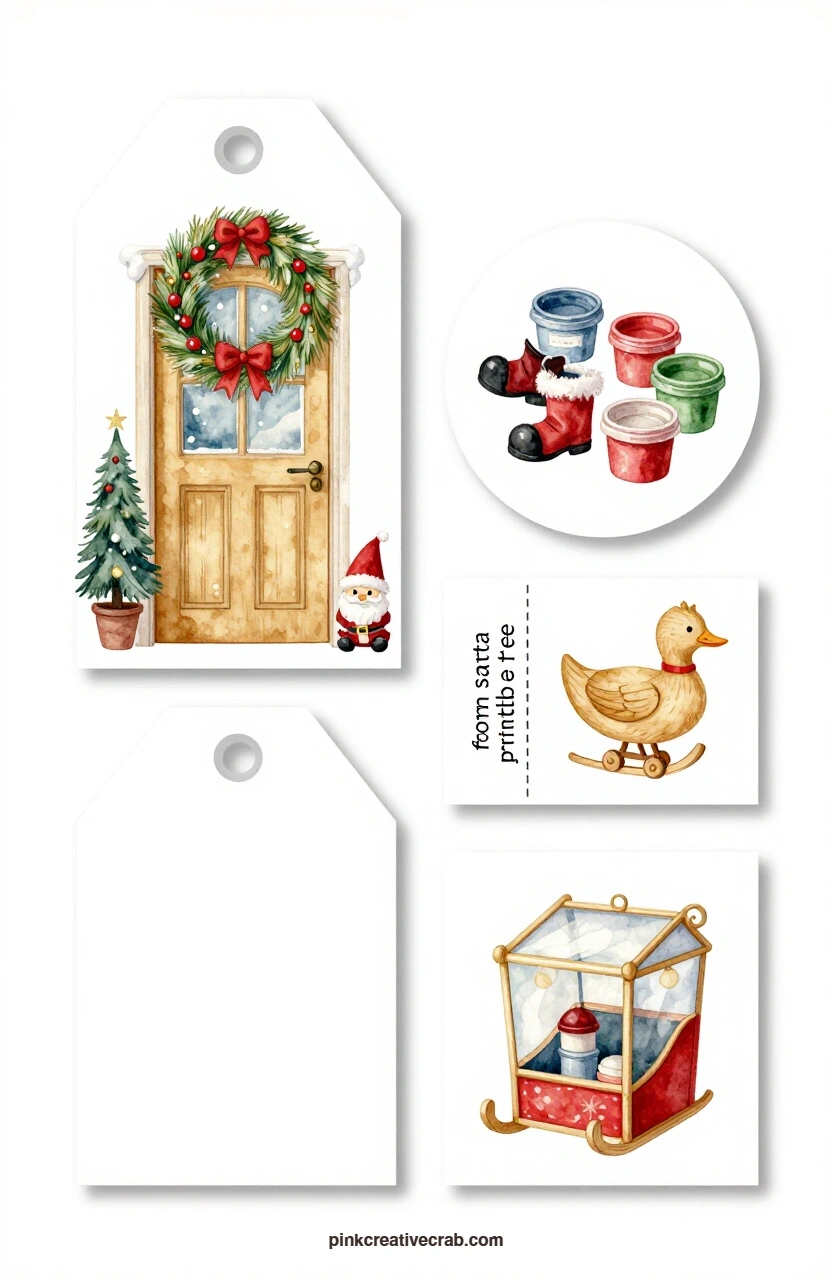 Workshop Door and Paint Pots printable page — The arched tag with the workshop door and a wreath, the round tag with toy paint pots, the ticket label with a