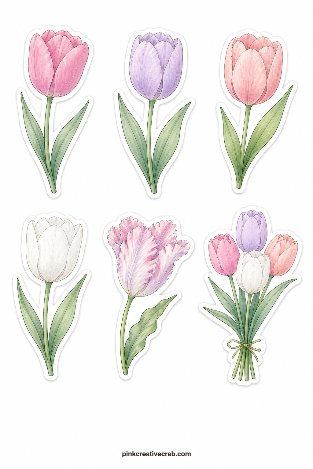 Pastel Tulips Stickers printable page — Line a journal spread border with these six tulips, a pink one, a lilac one, a peach one, a white one, a frilled parrot