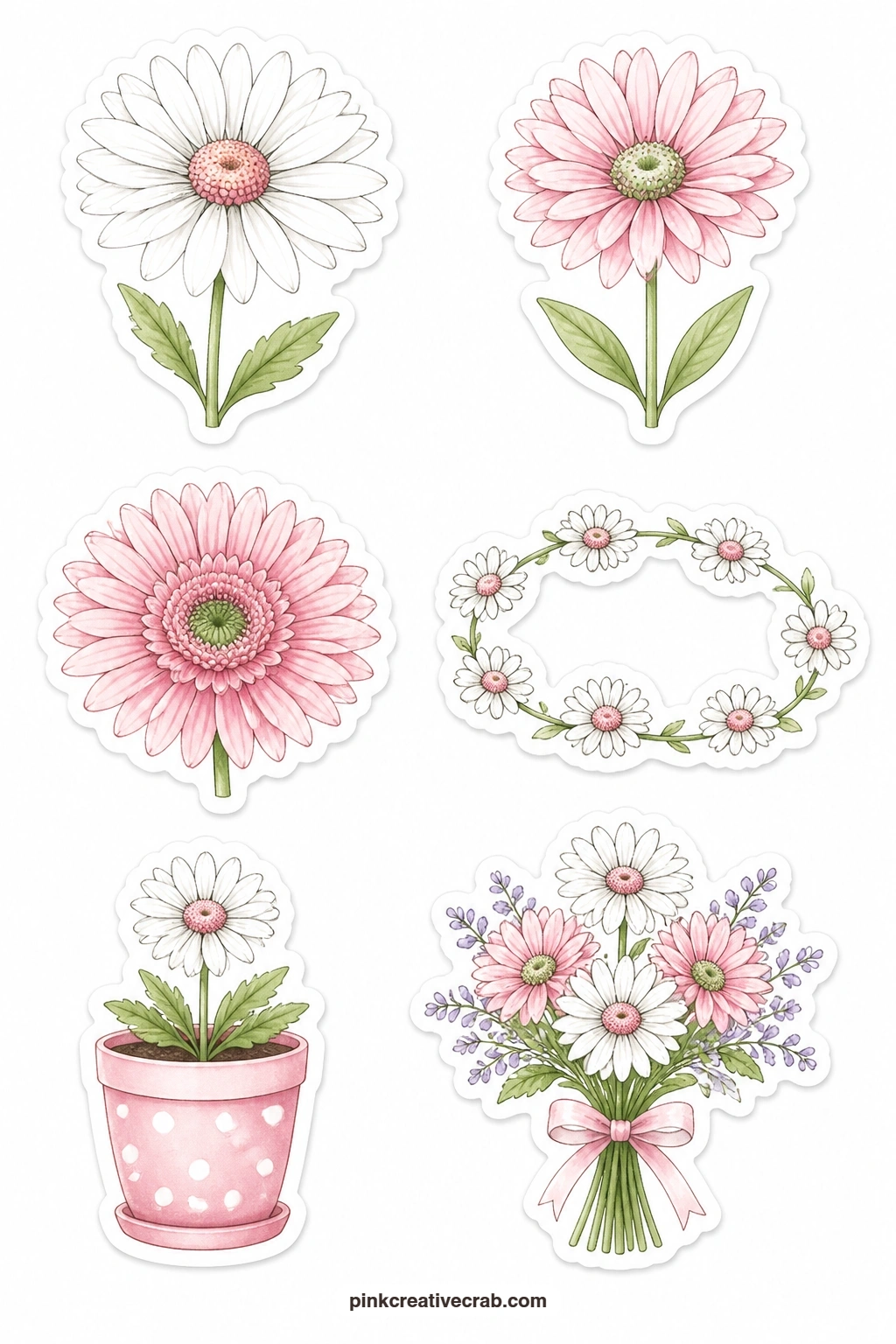 Daisy Days Stickers printable page — Cut around the gerbera and the daisy in a pot with a craft knife where the petals curve in close to the center, so the