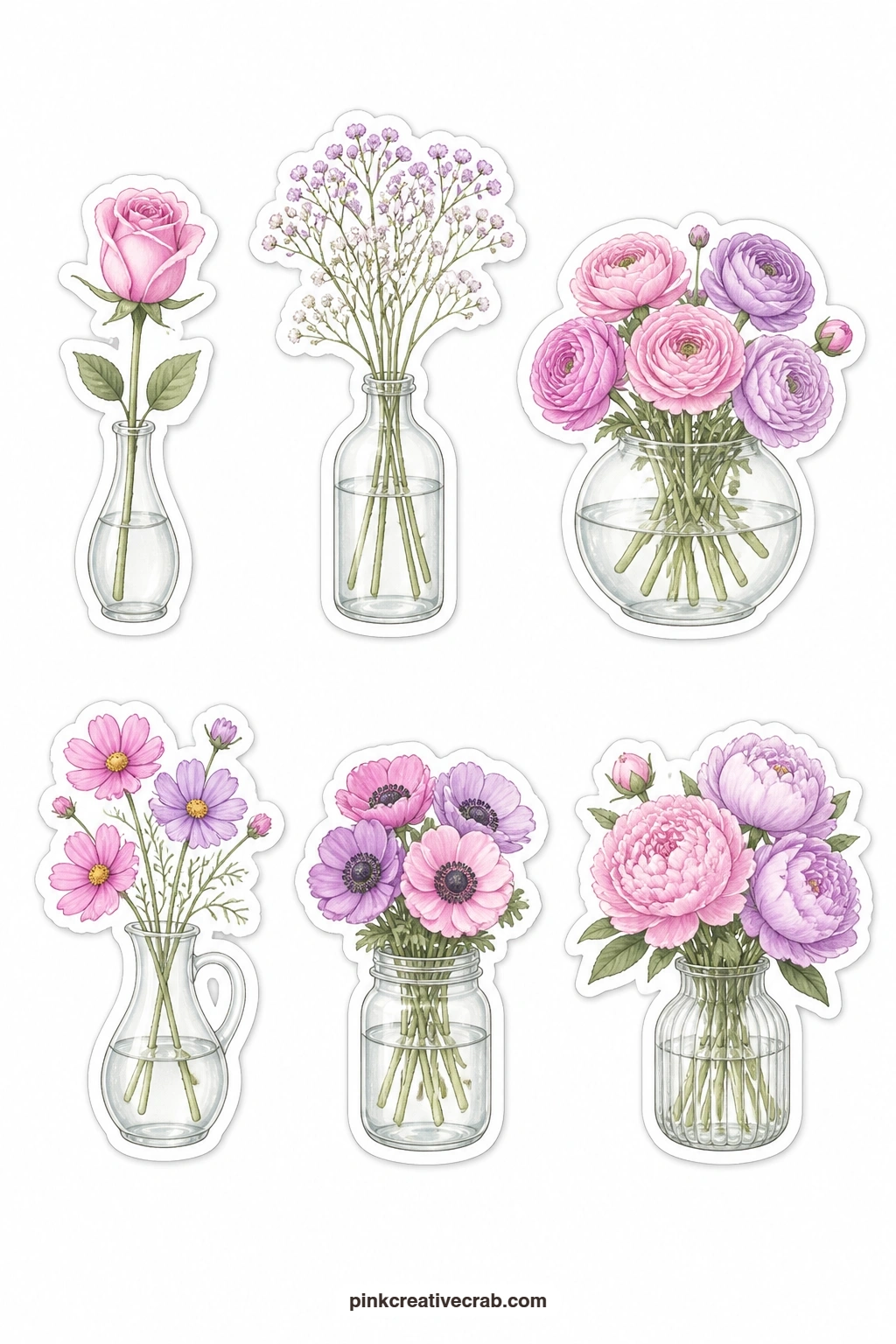 Flowers In Glass Vases Stickers printable page — Six vase stickers fill a shelf-style journal row: a bud vase with a rose, a bottle with baby's breath, a round