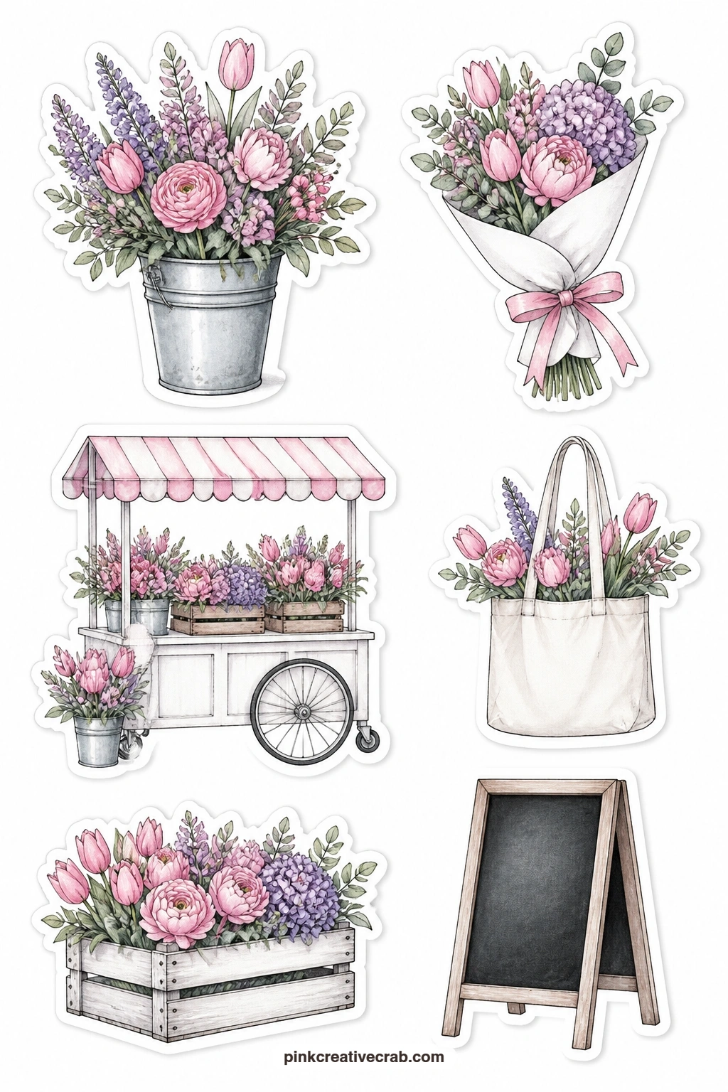 Flower Market Stickers printable page — These six pieces, a flower bucket, a wrapped bouquet, a market cart, a tote with flowers, a flower crate and a plain